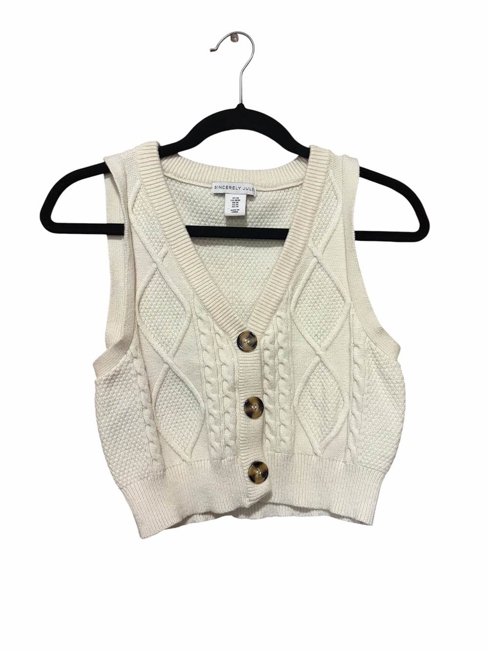 Sincerly Jules Cream Cable Knit Button-Front Crop Vest